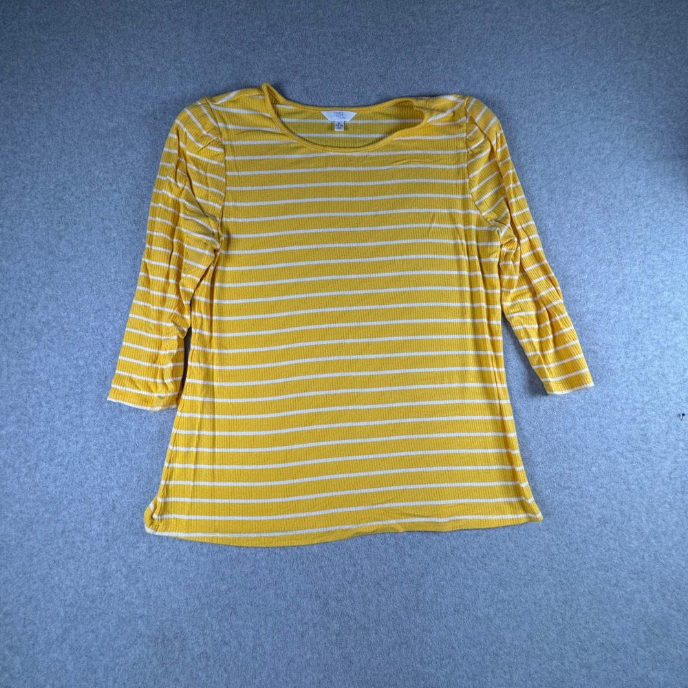 Time and Tru Womens XL Yellow White Striped Ribbed 3/4 Sleeve Top HTT103080S